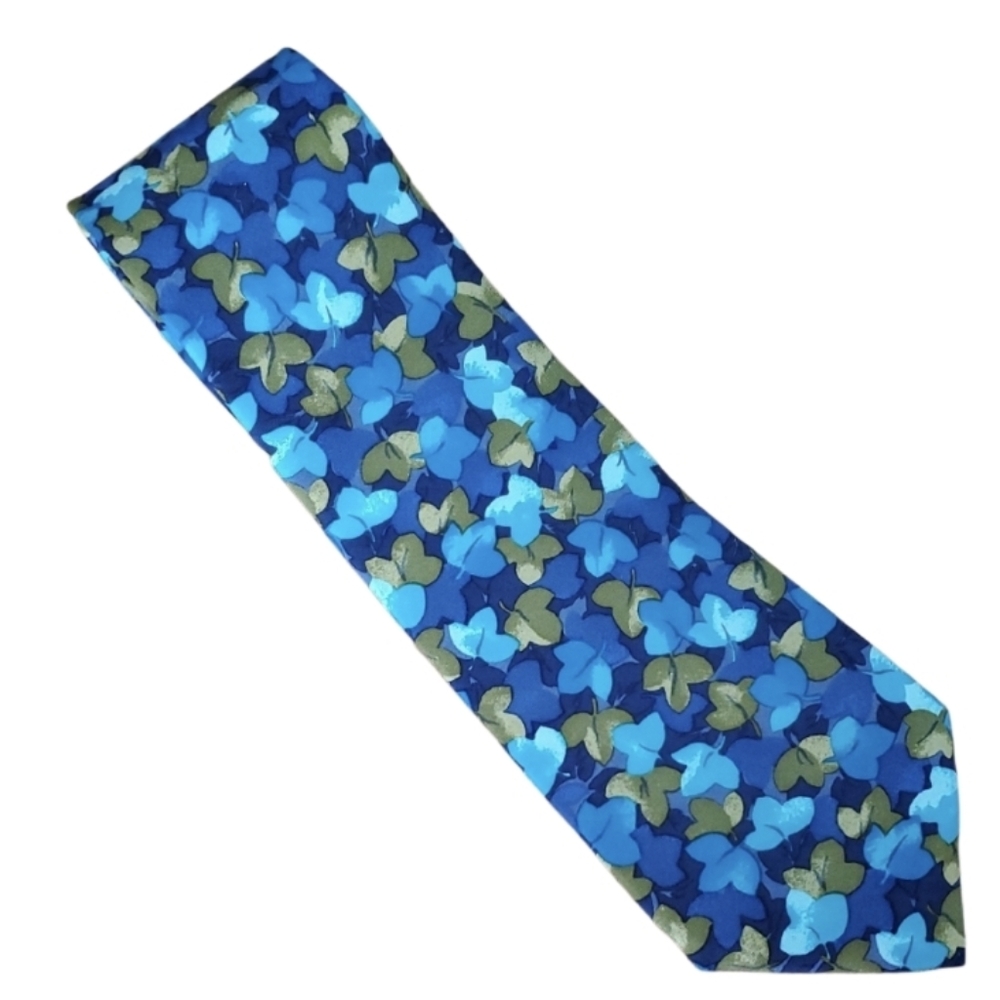 Dormeuil Paris London Blue and Green‎ Leaf Men's 100% Silk Tie